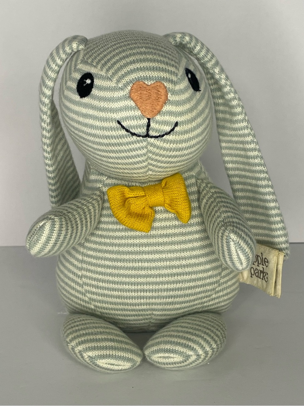 Apple Park Dapper Bunny Plush Organic Striped Yellow Bow Tie Approx 6” Sitting